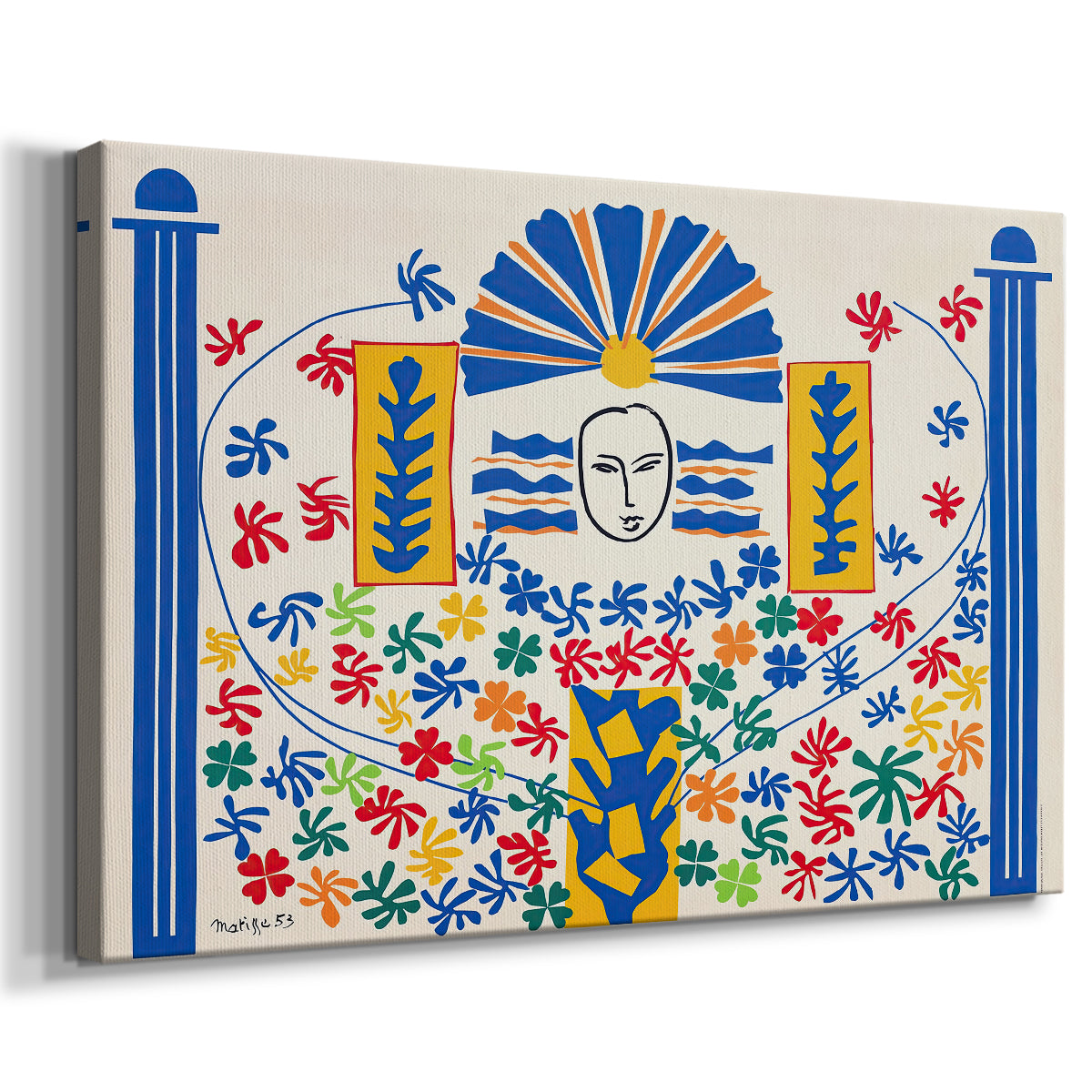 Canvas art print featuring a colorful abstract scene with bold shapes and symbolic forms, displayed at an angle