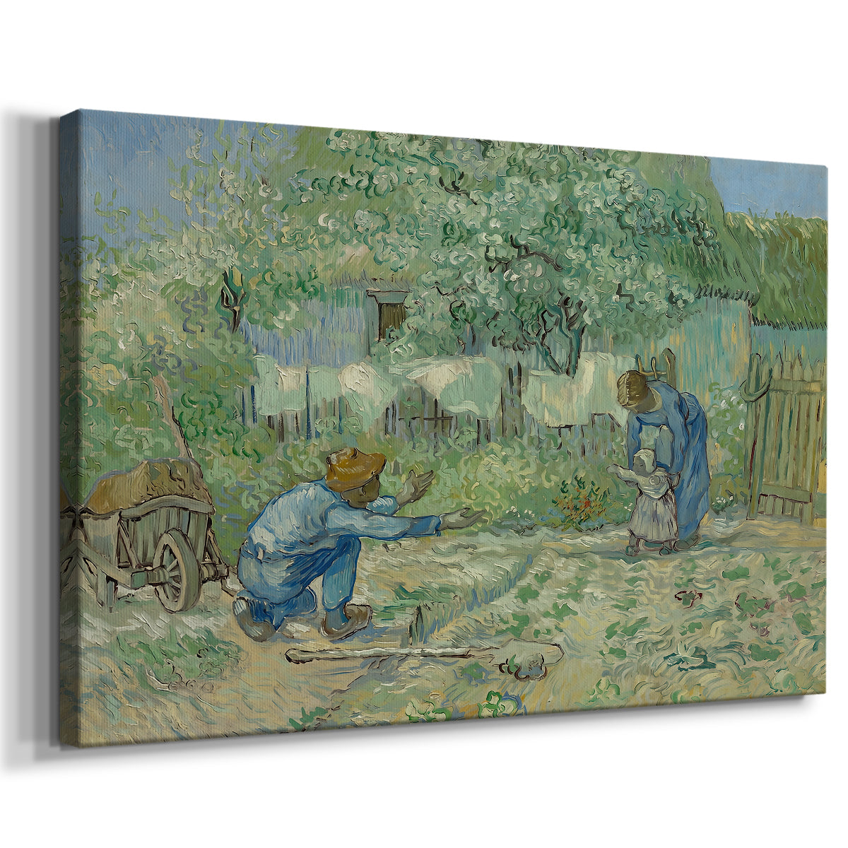 Canvas art print featuring an expressive depiction of family interaction in countryside, displayed at an angle