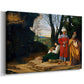 Canvas art print featuring a Renaissance scene of figures contemplating in natural setting, displayed at an angle