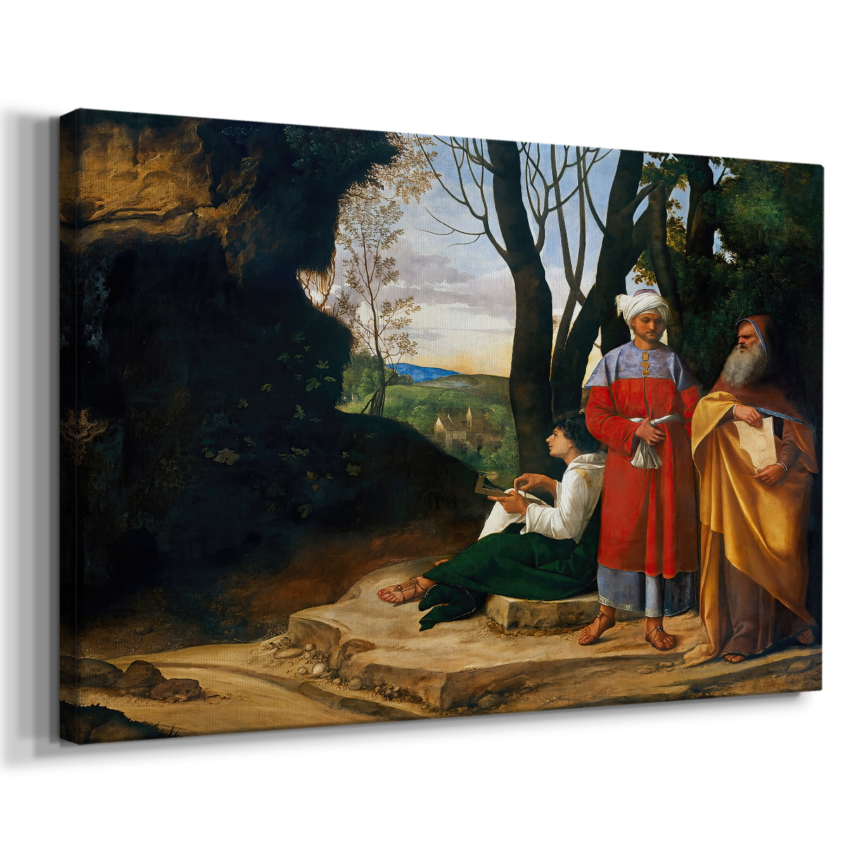 Canvas art print featuring a Renaissance scene of figures contemplating in natural setting, displayed at an angle