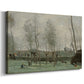 Canvas art print featuring a pastoral scene with figures working near riverbank, displayed at an angle