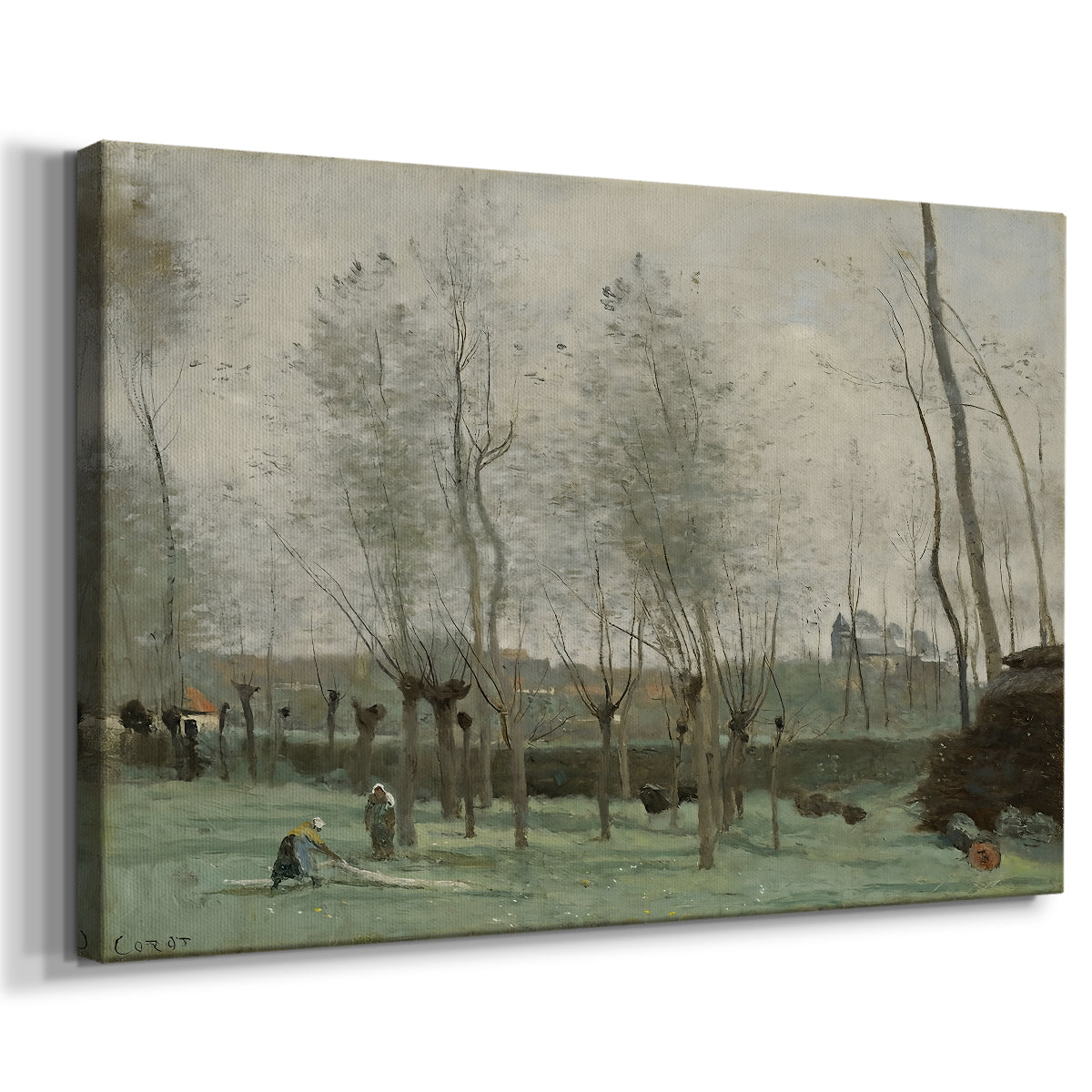 Canvas art print featuring a pastoral scene with figures working near riverbank, displayed at an angle
