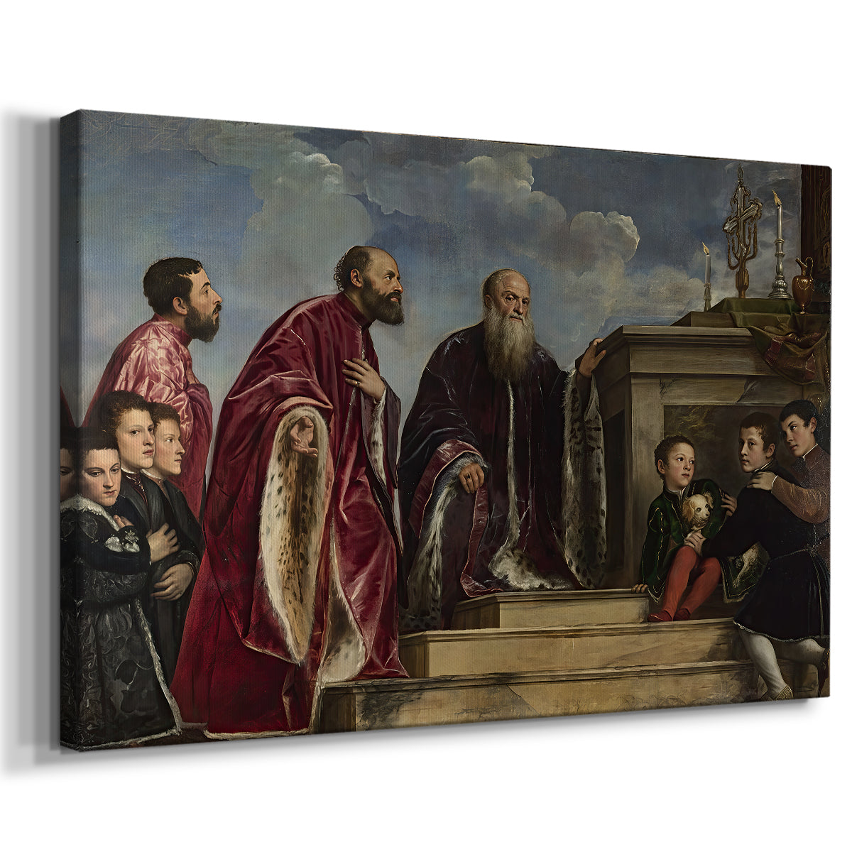 Canvas art print featuring a devotional portrait of multiple figures arranged around religious object, displayed at an angle
