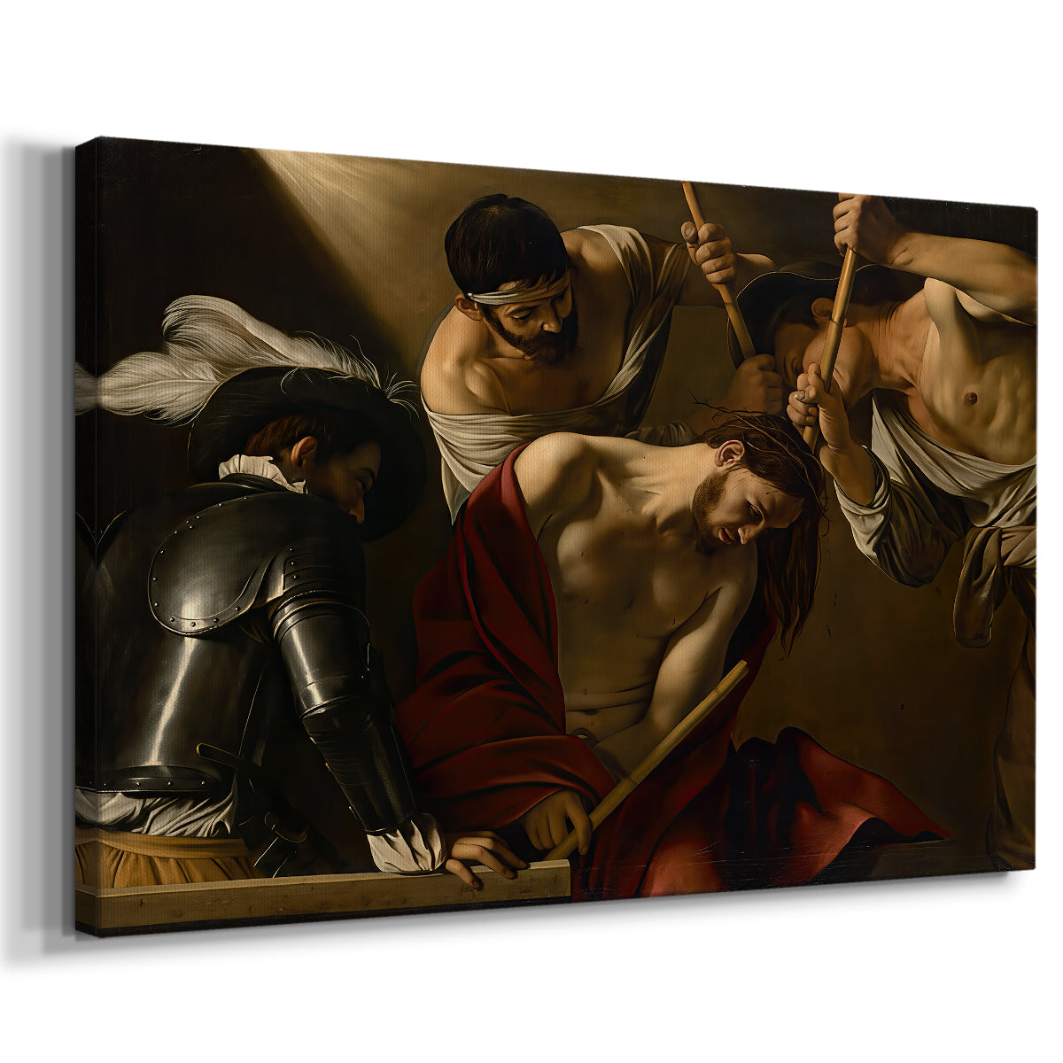 Canvas art print featuring a biblical scene of Christ being mocked and crowned with thorns, displayed at an angle