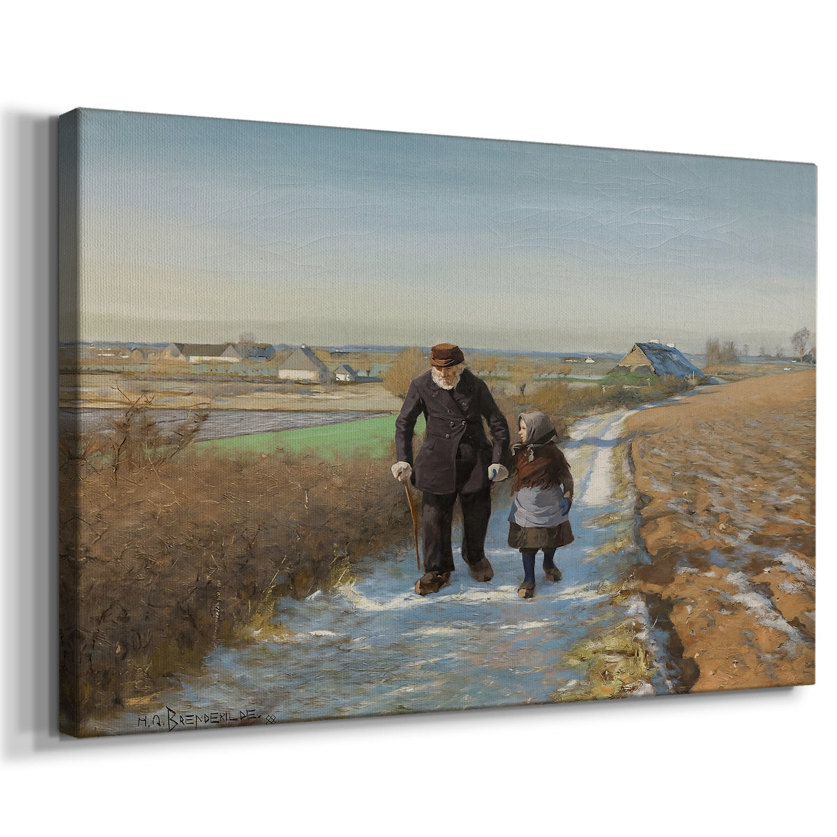 Canvas art print featuring a countryside scene with older figure guiding child through landscape, displayed at an angle
