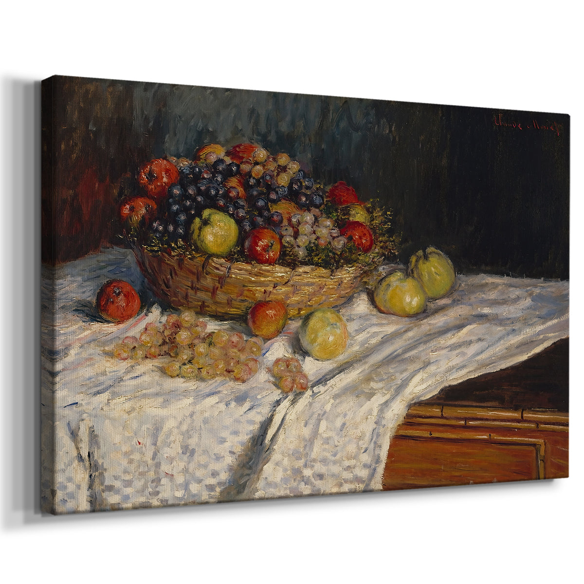 Canvas art print featuring an impressionist still life of fruit placed on cloth-covered surface, displayed at an angle