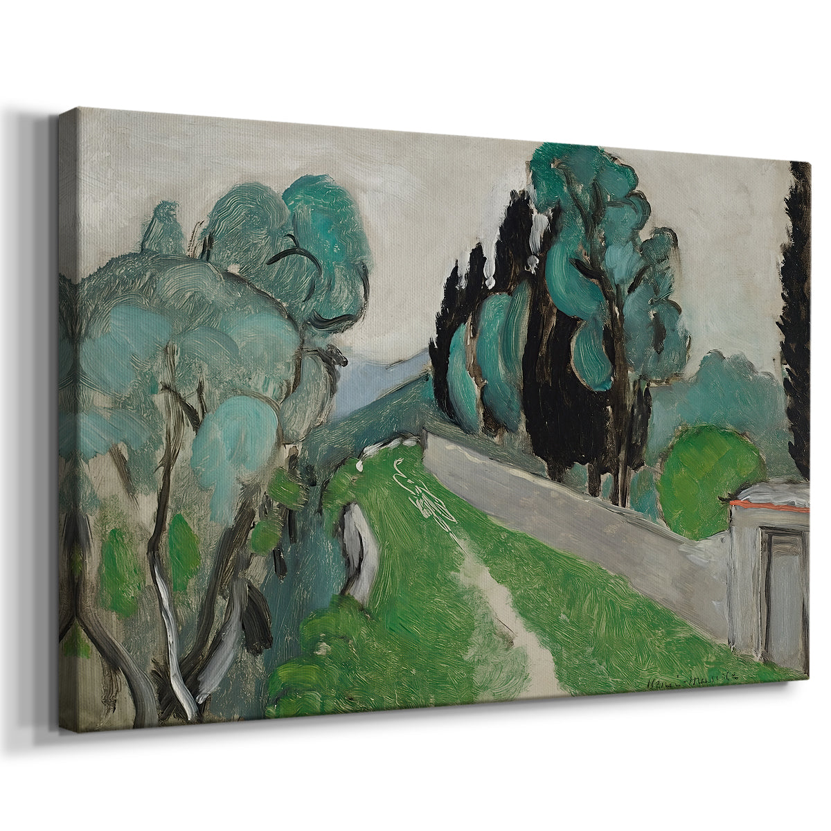 Canvas art print featuring an expressive countryside scene with tall trees and open sky, displayed at an angle