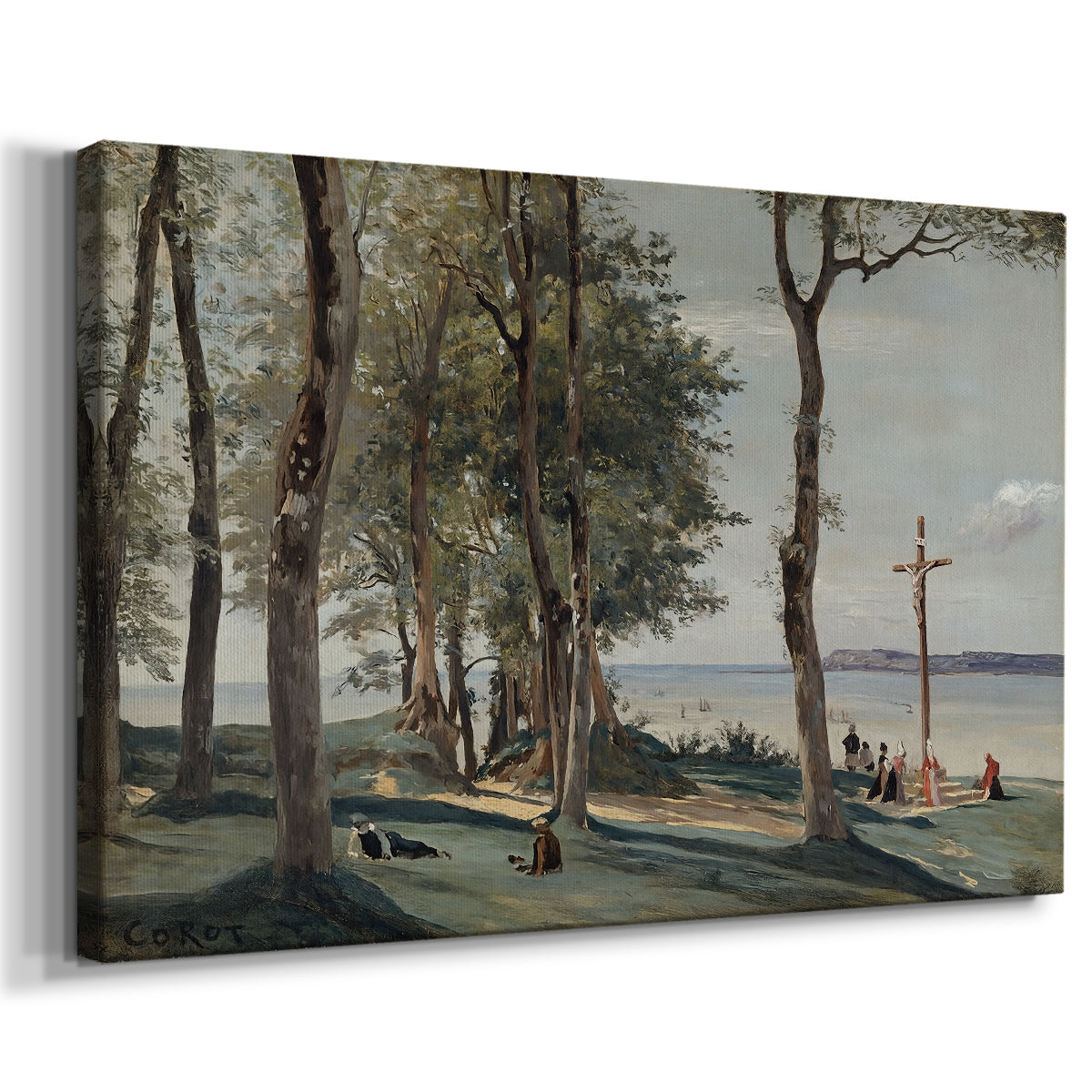 Canvas art print featuring an atmospheric countryside scene with crucifix on elevated ground, displayed at an angle
