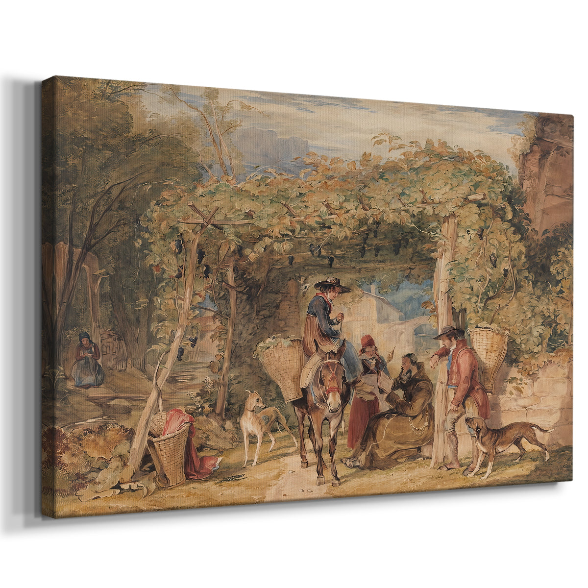Canvas art print featuring a rural scene with people and animals in cultivated field, displayed at an angle