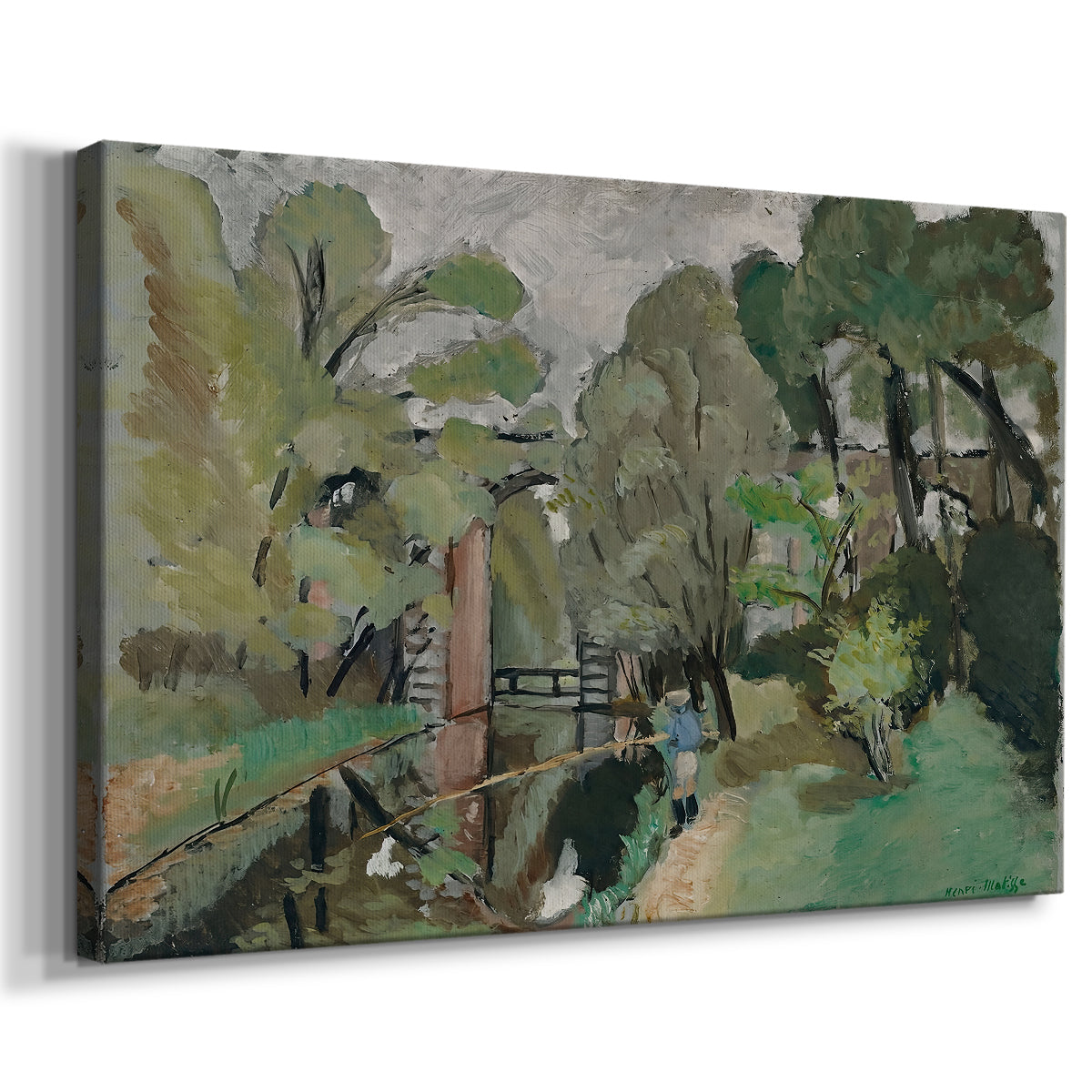 Canvas art print featuring an expressive countryside scene with a lone figure, displayed at an angle
