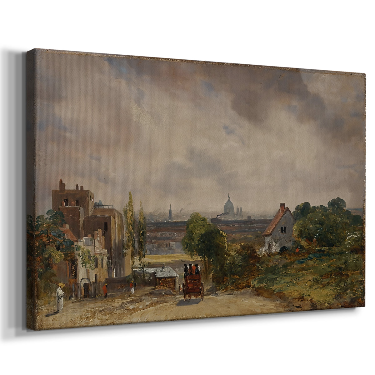 Canvas art print featuring a rustic building surrounded by vegetation, displayed at an angle