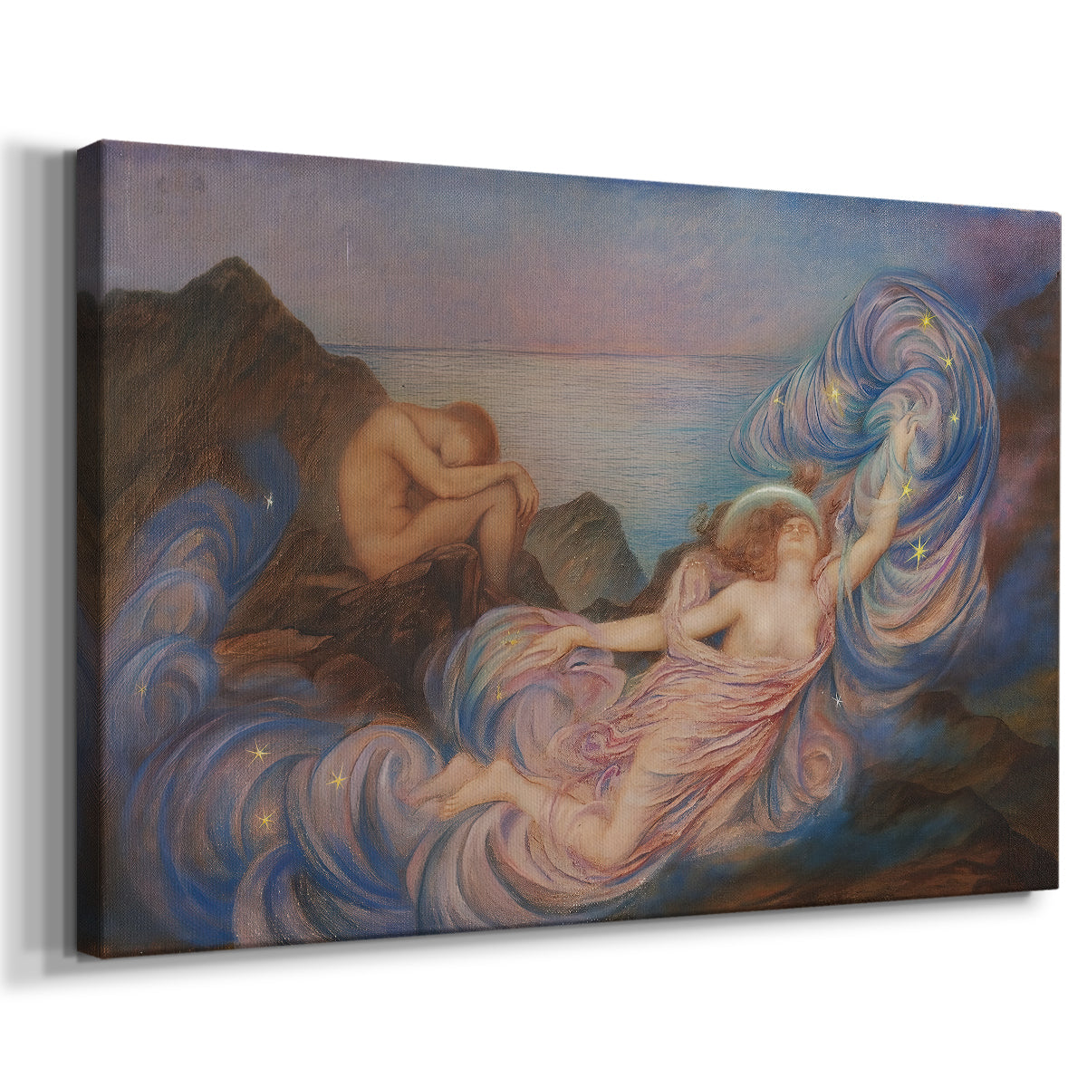 Canvas art print featuring an allegorical figure resting in atmospheric dusk setting, displayed at an angle