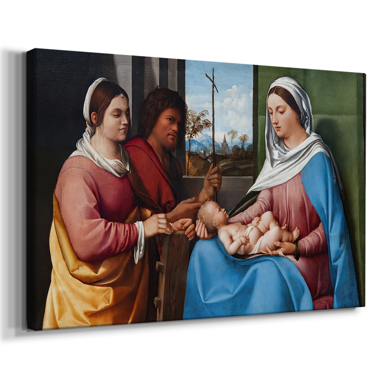 Canvas art print featuring a Renaissance composition of saints and figures in quiet interaction, displayed at an angle