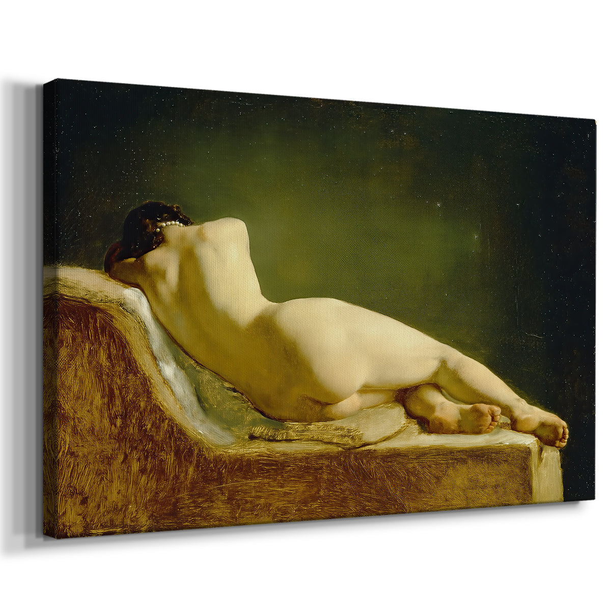 Canvas art print featuring a figure study of reclining body with soft lighting, displayed at an angle