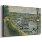 Canvas art print featuring a riverside scene with moored boat used for washing clothes, displayed at an angle