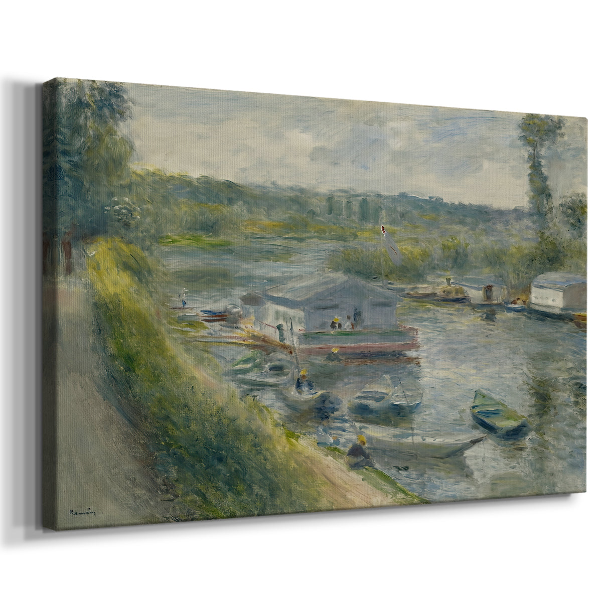 Canvas art print featuring a riverside scene with moored boat used for washing clothes, displayed at an angle