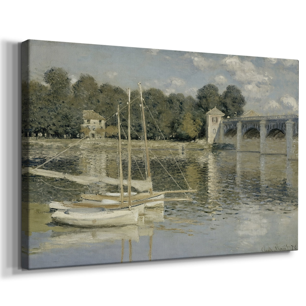 Canvas art print featuring an impressionist river scene with boats passing beneath bridge, displayed at an angle