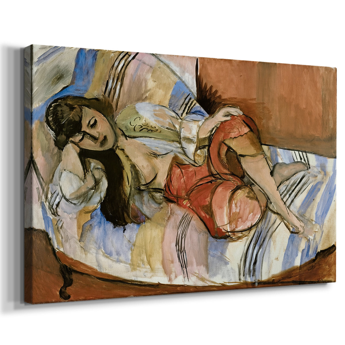 Canvas art print featuring a Fauvist odalisque posed on cushions in a richly colored room, displayed at an angle