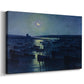 Canvas art print featuring a nocturnal coastal scene with boats, displayed at an angle