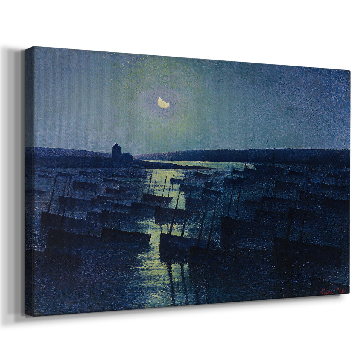 Canvas art print featuring a nocturnal coastal scene with boats, displayed at an angle