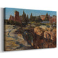 Canvas art print featuring an architectural scene of ancient structures in sunlit environment, displayed at an angle