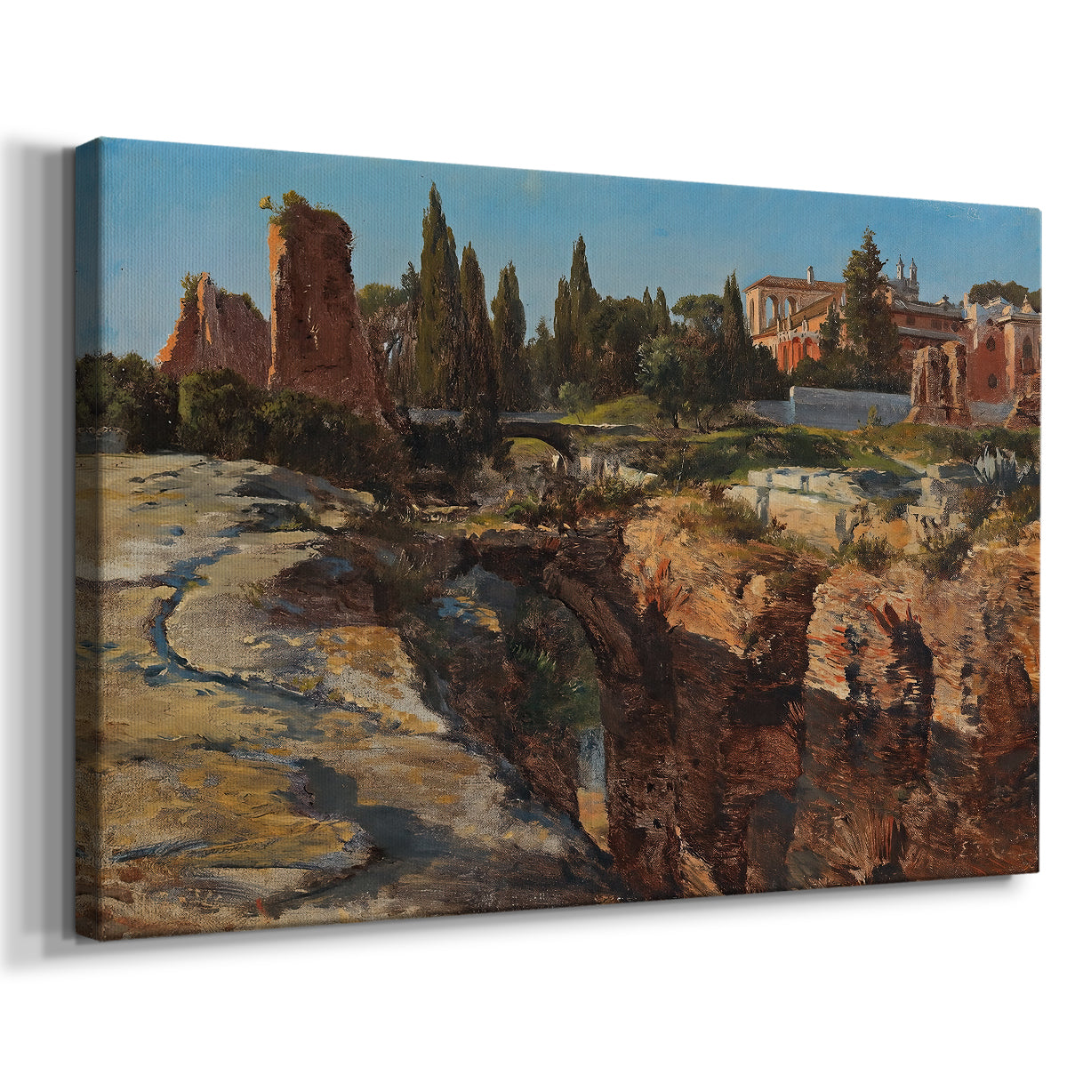 Canvas art print featuring an architectural scene of ancient structures in sunlit environment, displayed at an angle