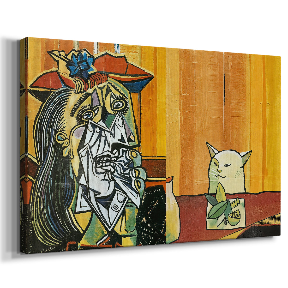 Canvas art print featuring a modern parody with human and animal, displayed at an angle