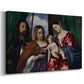 Canvas art print featuring a religious group scene with sacred figures gathered around mother and child, displayed at an angle