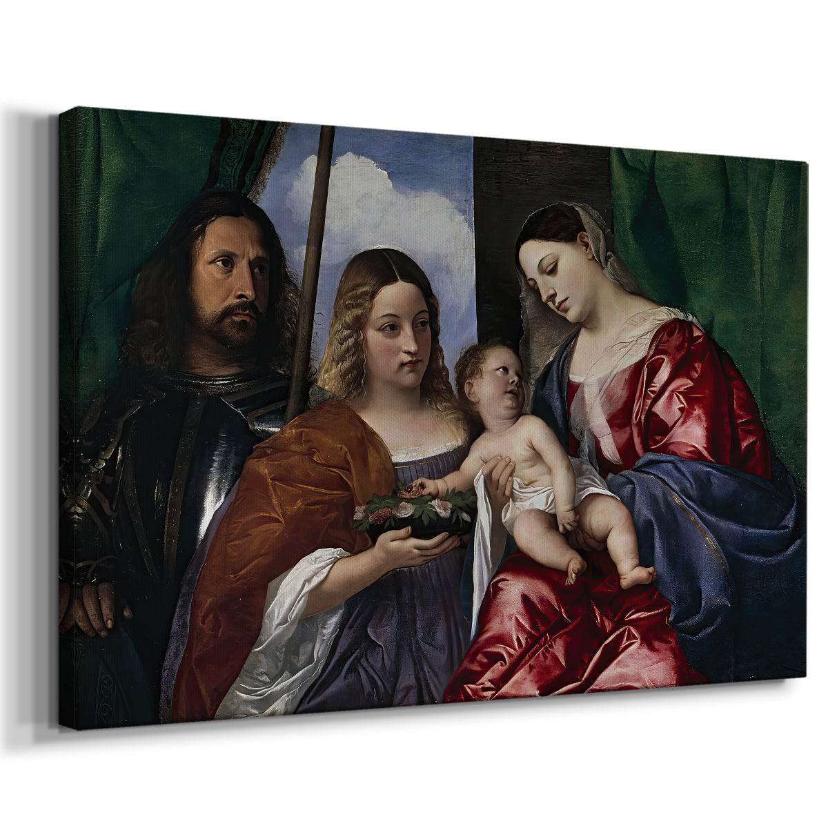 Canvas art print featuring a religious group scene with sacred figures gathered around mother and child, displayed at an angle