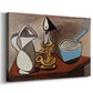 Canvas art print featuring a geometric still life with layered objects, displayed at an angle
