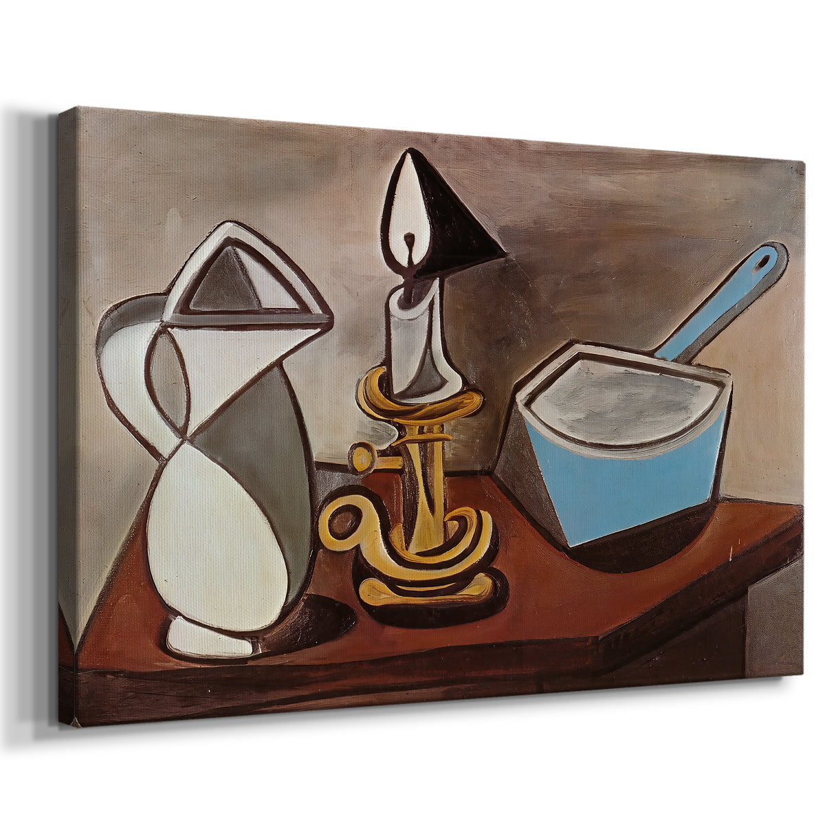Canvas art print featuring a geometric still life with layered objects, displayed at an angle