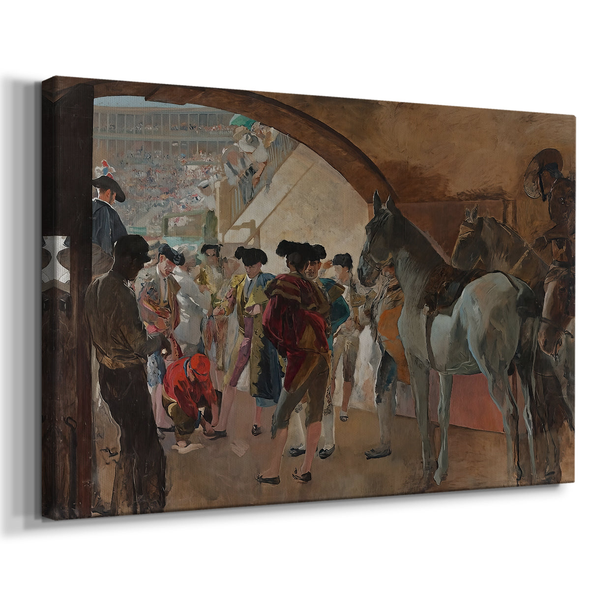 Canvas art print featuring a lively interior scene with people interacting before event, displayed at an angle
