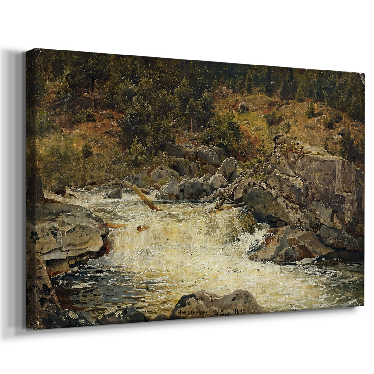 Canvas art print featuring a natural scene with rushing water cutting through terrain, displayed at an angle