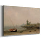 Canvas art print featuring a coastal scene with grounded vessel near water, displayed at an angle