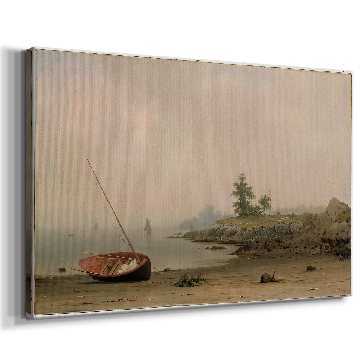 Canvas art print featuring a coastal scene with grounded vessel near water, displayed at an angle