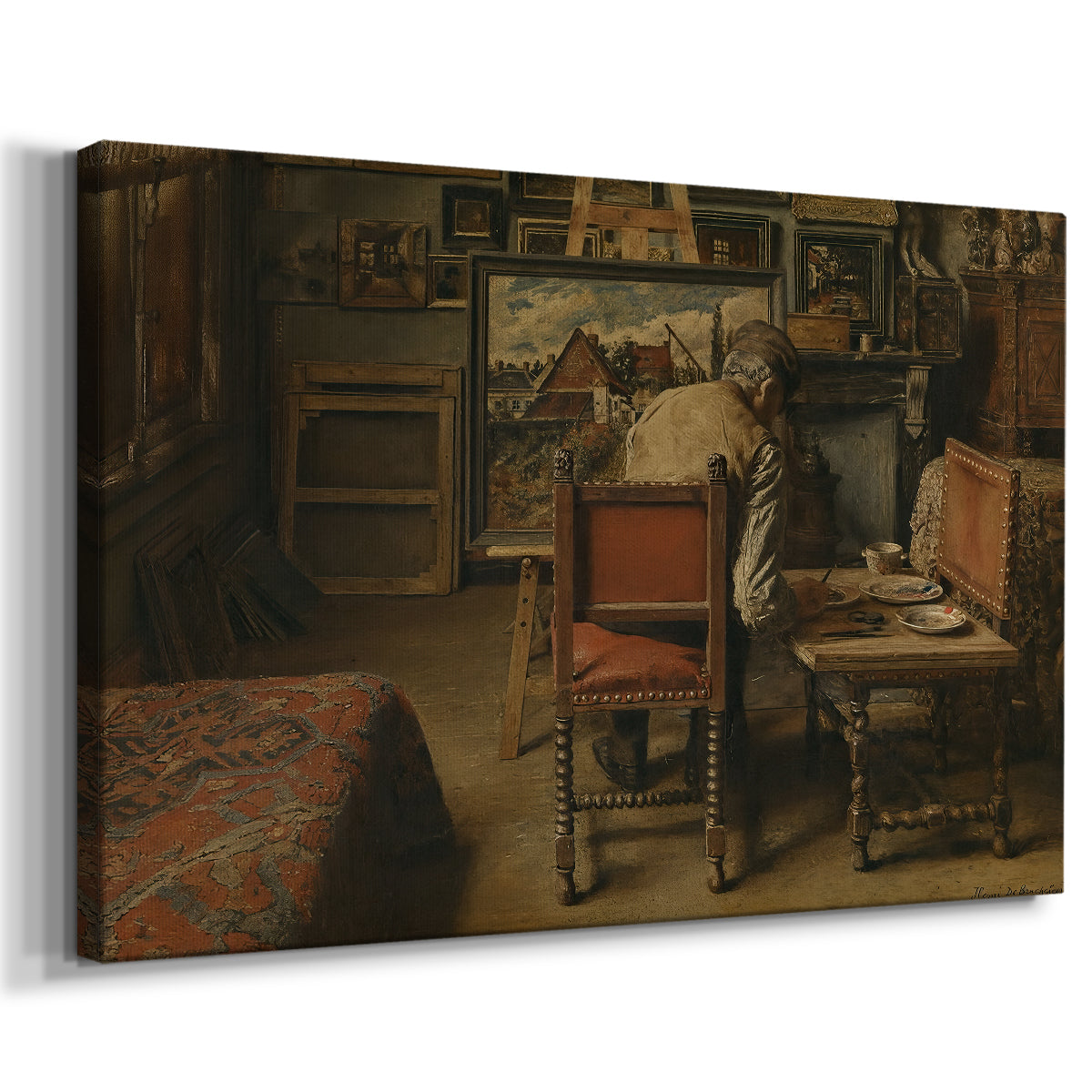 Canvas art print featuring an interior scene of person restoring or painting in studio, displayed at an angle