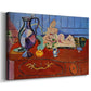 Canvas art print featuring an expressive arrangement of a metal jug and small figurine, displayed at an angle