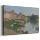 Canvas art print featuring a landscape with elevated buildings, displayed at an angle