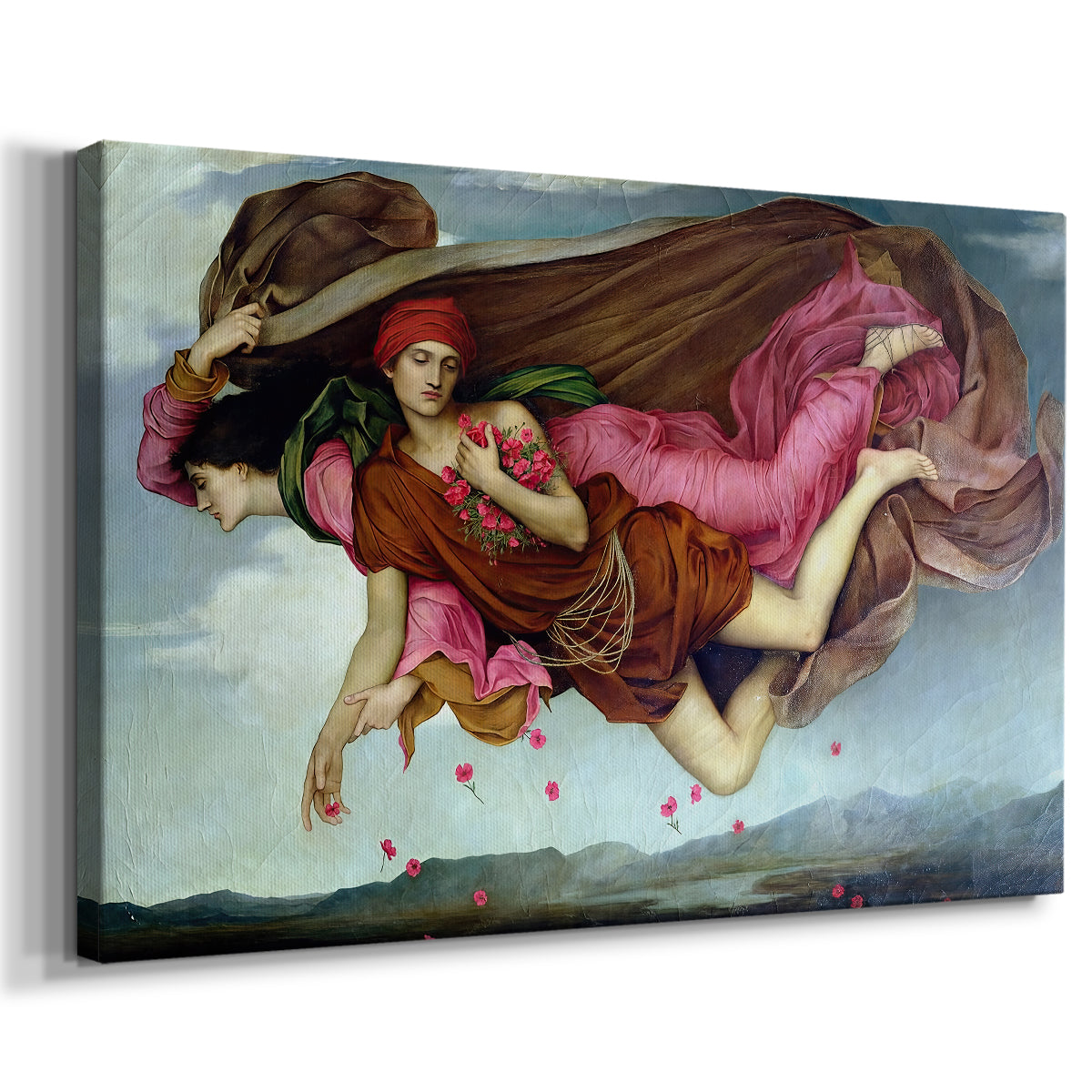 Canvas art print featuring a symbolic depiction of night and sleep as ethereal figures in motion, displayed at an angle