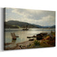Canvas art print featuring a waterfront scene with people and boats near edge of water, displayed at an angle