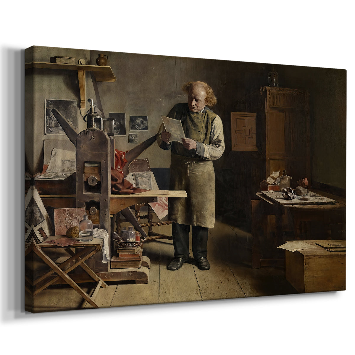 Canvas art print featuring a craftsman operating printing equipment in studio setting, displayed at an angle