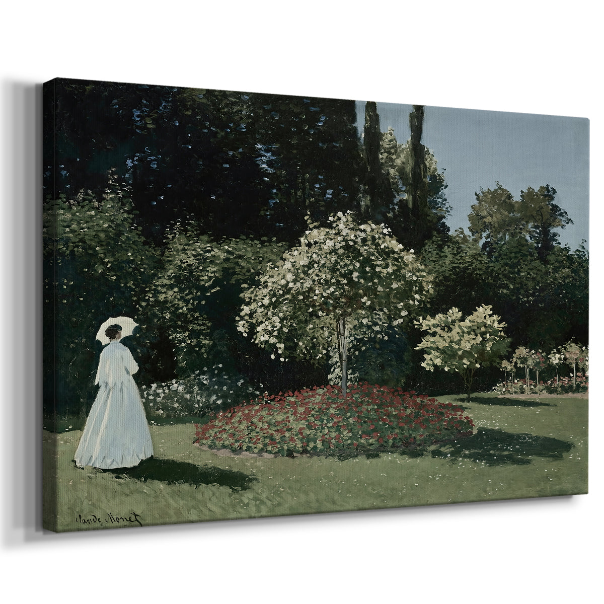 Canvas art print featuring an impressionist figure in sunlit garden with lush vegetation, displayed at an angle