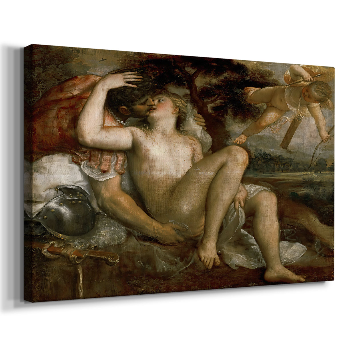 Canvas art print featuring a sensual Renaissance scene of Venus and Mars with child figure, displayed at an angle