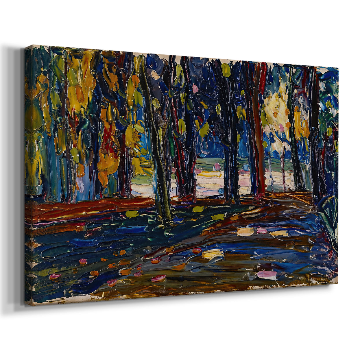 Canvas art print featuring an expressive scene emphasizing seasonal color and vertical forms, displayed at an angle