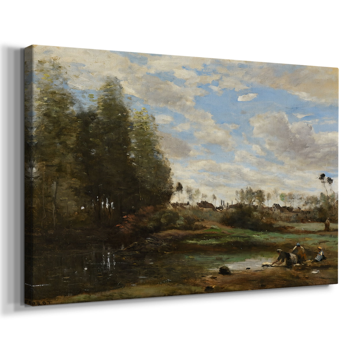 Canvas art print featuring a pastoral scene with people working near calm water, displayed at an angle