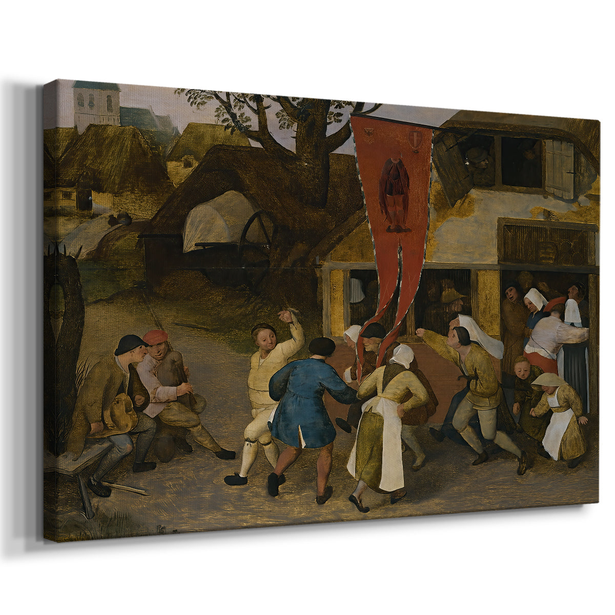 Canvas art print featuring a rustic festive gathering in a village, displayed at an angle