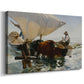 Canvas art print featuring a coastal labor scene with figures hauling vessel, displayed at an angle