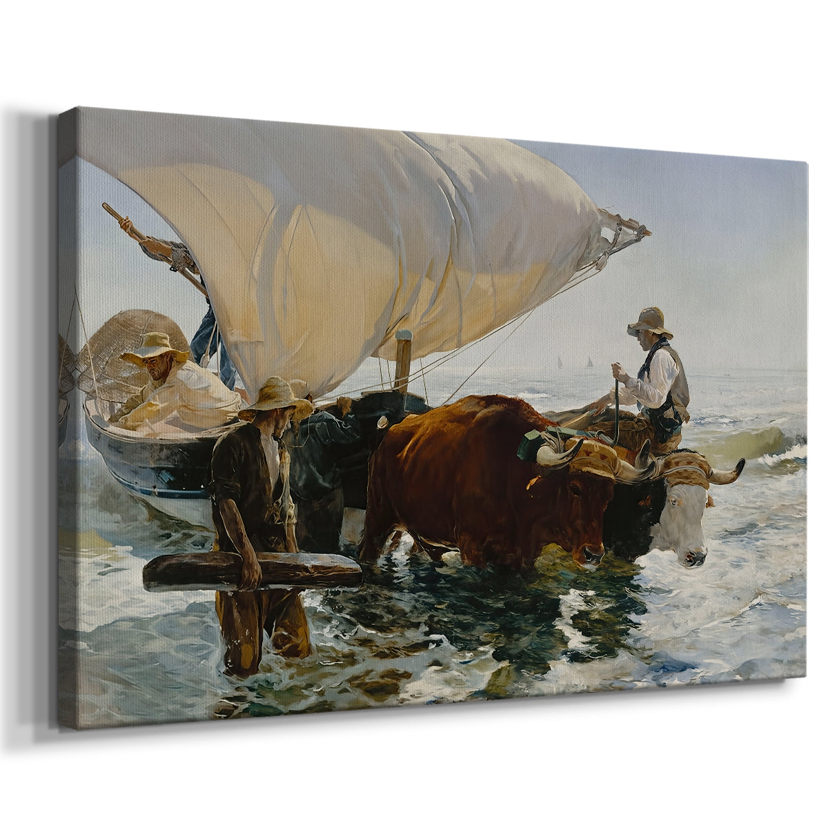 Canvas art print featuring a coastal labor scene with figures hauling vessel, displayed at an angle
