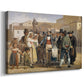 Canvas art print featuring an outdoor marketplace with central figure addressing onlookers, displayed at an angle
