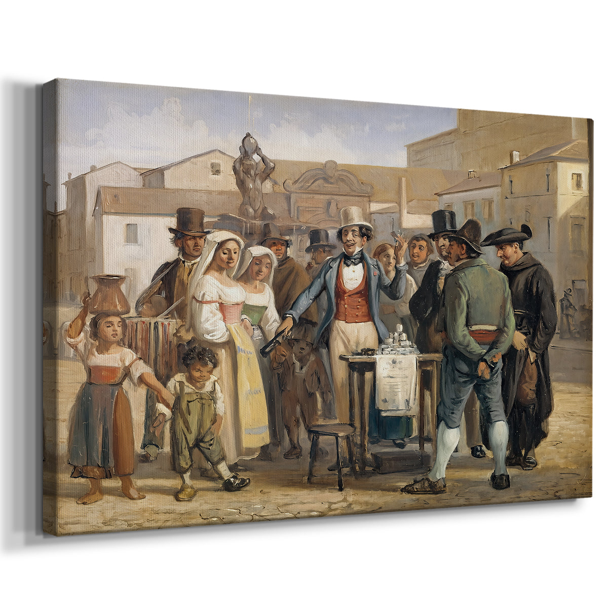 Canvas art print featuring an outdoor marketplace with central figure addressing onlookers, displayed at an angle